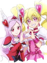 Rule 34 | 2girls, black bow, blonde hair, bow, choker, commentary request, cure passion, cure peach, dress, earrings, eyelashes, fpminnie1, fresh precure!, hair ornament, happy, heart, heart earrings, heart hair ornament, heart hands, higashi setsuna, highres, jewelry, light blush, long hair, looking at viewer, magical girl, momozono love, multiple girls, pink choker, pink dress, pink eyes, pink hair, pink wrist cuffs, precure, puffy short sleeves, puffy sleeves, red dress, red eyes, short sleeves, simple background, smile, standing, twintails, white background, white choker, wing hair ornament, wrist cuffs