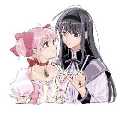 Rule 34 | 2girls, akemi homura, black hair, black hairband, bow, bow choker, capelet, choker, collarbone, collared capelet, commentary, cropped torso, dress, eye contact, frilled dress, frilled sleeves, frills, gloves, hair bow, hairband, hand up, highres, kaname madoka, koyomania, long hair, looking at another, magical girl, mahou shoujo madoka magica, mahou shoujo madoka magica (anime), multiple girls, neck ribbon, pink bow, pink dress, pink gloves, pink hair, pinky out, pinky swear, puffy short sleeves, puffy sleeves, purple capelet, purple eyes, red bow, red choker, red eyes, ribbon, short hair, short sleeves, short twintails, simple background, sketch, smile, twintails, upper body, white background