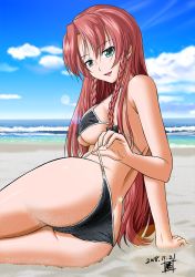 Rule 34 | ass, beach, bikini, black bikini, blue eyes, braid, breasts, cloud, commentary request, dated, day, graphite (medium), hair between eyes, highres, hong meiling, large breasts, long hair, looking at viewer, mechanical pencil, ocean, pencil, red hair, sand, sand on skin, shino-puchihebi, side braids, signature, sitting, smile, swimsuit, touhou, traditional media, underboob, very long hair