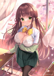 Rule 34 | 1girl, black pantyhose, blush, bra, breasts, brown hair, cherry blossoms, classroom, cleavage, collared shirt, curtains, desk, green eyes, green jacket, green skirt, hair ribbon, highres, irori, jacket, large breasts, lens flare, long hair, looking at viewer, off shoulder, open clothes, open shirt, original, pantyhose, parted lips, pleated skirt, ribbon, school desk, school uniform, shirt, skirt, solo, standing, tile floor, tiles, underwear, uniform, very long hair, white bra, white shirt, window