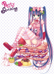 Rule 34 | 10s, 1girl, alternate costume, alternate hairstyle, cake, duji amo, female focus, food, fruit, full body, green eyes, highres, long hair, macaron, macaroon, panties, panty &amp; stocking with garterbelt, solo, stocking (psg), strawberry, striped clothes, striped panties, striped thighhighs, stuffed animal, stuffed toy, thighhighs, underwear, very long hair, white background