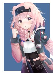 Rule 34 | 1girl, animal ears, arknights, bad id, bad pixiv id, belt, black hairband, blue background, chinese commentary, choker, commentary request, dog ears, elanore, goldenglow (arknights), hairband, jacket, lanyard, long hair, looking at viewer, open clothes, open jacket, open mouth, pink belt, pink hair, pink jacket, shirt, solo, white background, white shirt, yellow eyes