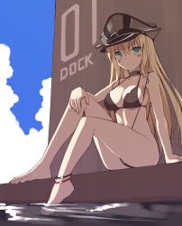 Rule 34 | 10s, 1girl, anklet, barefoot, bismarck (kancolle), black one-piece swimsuit, black slingshot swimsuit, blonde hair, blue eyes, blush, breasts, choker, flag print, hand on own knee, hat, highres, jewelry, kantai collection, long hair, ohta yuichi, one-piece swimsuit, peaked cap, simple background, sitting, slingshot swimsuit, smile, soaking feet, solo, swimsuit, water