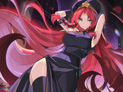 Rule 34 | 1girl, alternate color, arms behind head, black dress, black hat, black thighhighs, braid, breasts, closed mouth, commentary request, dress, falken (yutozin), green eyes, hat, hong meiling, large breasts, long hair, looking to the side, red hair, smile, solo, star (symbol), thighhighs, touhou, twin braids, very long hair