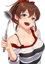 Rule 34 | 1girl, :d, blue eyes, blush, bra strap, breasts, brown hair, cleavage, collarbone, hand up, highres, holding, holding ladle, idolmaster, idolmaster million live!, kamille (vcx68), ladle, looking at viewer, medium breasts, off-shoulder shirt, off shoulder, open mouth, ponytail, satake minako, shirt, simple background, smile, solo, striped clothes, striped shirt, teeth, upper body, upper teeth only, white background