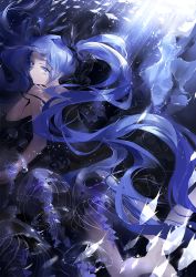 Rule 34 | 1girl, blue eyes, blue hair, fish, hair ribbon, hatsune miku, in water, kyer, long hair, matching hair/eyes, ribbon, solo, submerged, twintails, vocaloid