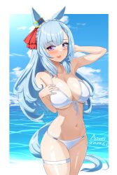 Rule 34 | 1girl, a.nori, absurdres, alternate costume, animal ears, bikini, blush, braid, breasts, cleavage, collarbone, commentary request, crown braid, dated, hair ornament, highres, long hair, looking at viewer, medium breasts, mejiro ardan (umamusume), ocean, purple eyes, sky, solo, swimsuit, twitter username, umamusume