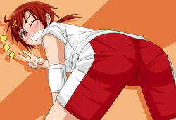 Rule 34 | 10s, 1girl, ;d, ahoge, ass, bad id, bad pixiv id, blush, elbow pads, grin, gym shorts, gym uniform, hair ornament, hairclip, hino akane (smile precure!), keke (kekekue), looking at viewer, one eye closed, open mouth, orange background, pantylines, precure, red hair, shirt, short hair, shorts, simple background, smile, smile precure!, solo, sweat, t-shirt, teeth, v, wink, x hair ornament