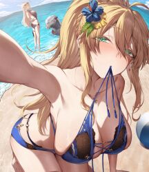 Rule 34 | 2girls, alternate costume, armpits, artoria pendragon (fate), artoria pendragon (lancer) (fate), artoria pendragon (lancer alter) (fate), ball, bare arms, bare shoulders, beach, beachball, bikini, black one-piece swimsuit, blonde hair, blue bikini, blush, breasts, cleavage, collarbone, commentary request, earrings, eyewear on head, fate/grand order, fate (series), flower, green eyes, hair flower, hair ornament, jewelry, large breasts, long hair, looking at viewer, mouth hold, multiple girls, neshia (tsaqif0309), one-piece swimsuit, outdoors, ponytail, solo focus, sunglasses, swimsuit, thigh strap, thighs, water