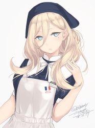 Rule 34 | 1girl, alternate costume, artist name, blonde hair, blue eyes, dated, grey background, kantai collection, long hair, mole, mole under eye, mole under mouth, richelieu (kancolle), rokuwata tomoe, short sleeves, simple background, solo, twitter username