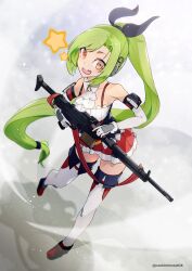Rule 34 | 1girl, aa-52, aat-52 (girls&#039; frontline), ascot, black bow, black footwear, bow, breasts, full body, girls&#039; frontline, gloves, green eyes, gun, hair bow, highres, holding, holding gun, holding weapon, machine gun, mineta naoki, open mouth, orange eyes, ponytail, solo, teeth, thighhighs, trigger discipline, twitter username, upper teeth only, weapon, white ascot, white gloves, white thighhighs