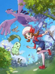 Rule 34 | 1girl, :3, alternate color, blush, brown hair, cabbie hat, chikorita, cloud, creatures (company), falling leaves, feathers, flying, game freak, gen 1 pokemon, gen 2 pokemon, grass, hat, highres, inana umi, jumpluff, leaf, legendary pokemon, lugia, lyra (pokemon), marill, nintendo, open mouth, overalls, pidgey, pokemon, pokemon (creature), pokemon hgss, sentret, shiny pokemon, sky, standing, tail, thighhighs, tree, twintails, wings