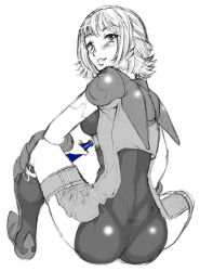 Rule 34 | 00s, 1girl, ass, blush, boots, bottle, braid, final fantasy, final fantasy xii, from behind, greyscale, looking back, mizuryu kei, monochrome, penelo, potion, short hair, sitting, sketch, smile, solo, spot color, thigh strap, twin braids