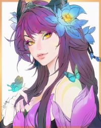 Rule 34 | 1girl, ahri (league of legends), animal ears, blue flower, border, bug, butterfly, elderwood ahri, eyeshadow, facial mark, fingernails, flower, fox ears, fox tail, hair between eyes, hair flower, hair ornament, highres, insect, jian tai (cuoyu0), league of legends, long hair, looking at viewer, makeup, nail polish, official alternate costume, official alternate hairstyle, orange border, parted lips, purple hair, purple nails, signature, simple background, smile, solo, tail, upper body, whisker markings, white background, yellow eyes