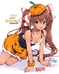 Rule 34 | 1girl, black tank top, breasts, brown eyes, brown hair, candy, cleavage, collarbone, commentary request, cowboy shot, dark-skinned female, dark skin, dated, fang, food, halloween costume, kantai collection, libeccio (kancolle), long hair, odawara hakone, one-hour drawing challenge, orange headwear, orange scrunchie, orange skirt, pumpkin skirt, scrunchie, simple background, sitting, skin fang, skirt, small breasts, smile, solo, tan, tank top, twintails, twitter username, white background, wrist scrunchie, yokozuwari