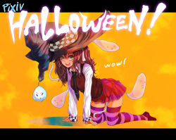 Rule 34 | all fours, brown hair, ghost, green eyes, halloween, happy, hat, kara (color), long hair, necktie, original, skirt, solo, striped clothes, striped thighhighs, thighhighs, witch hat