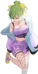 Rule 34 | 1girl, antlers, asymmetrical legwear, belt, bow, breasts, ceres fauna, cleavage, fishnet thighhighs, fishnets, green hair, hair bow, highres, hololive, hololive english, horns, jacket, jacket partially removed, large breasts, looking down, malvar, midriff, mismatched legwear, navel, off shoulder, ponytail, simple background, solo, standing, standing on one leg, strapless, thighhighs, tube top, virtual youtuber, white background, white thighhighs, yellow eyes, zettai ryouiki