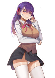 Rule 34 | 1girl, bad id, bad pixiv id, black skirt, blush, breast hold, breasts, brown vest, collared shirt, commentary request, fate (series), gongba laoge, hand up, highres, homurahara academy school uniform, large breasts, legs apart, long hair, long sleeves, matou sakura, panties, pantyshot, parted lips, purple eyes, purple hair, purple ribbon, ribbon, school uniform, shiny skin, shirt, simple background, skirt, solo, standing, thighhighs, underwear, vest, white background, white panties, white shirt, white thighhighs