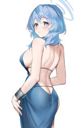 Rule 34 | 1girl, ako (blue archive), ako (dress) (blue archive), ass, back, backless dress, backless outfit, blue archive, blue eyes, blue hair, blue halo, blush, breasts, butt crack, closed mouth, commentary request, cowboy shot, dress, from behind, halo, helandyck, highres, large breasts, looking back, medium hair, nail polish, official alternate costume, sideboob, simple background, single handcuff, solo, white background