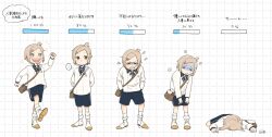 Rule 34 | ..., 1boy, angry, arms behind back, bag, blue shorts, brown hair, clenched hands, clenched teeth, hair ornament, hairclip, hands in pockets, health bar, highres, houchou toushirou, looking to the side, male focus, riyo (korokke), sailor collar, sailor shirt, shaded face, shirt, shorts, shoulder bag, sparkle, spoken ellipsis, teeth, touken ranbu, walking, white footwear