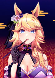 Rule 34 | 1girl, absurdres, animal ears, bare shoulders, black gloves, blonde hair, blue eyes, blush, breasts, chanakim, cleavage, cleavage cutout, clothing cutout, commentary, detached sleeves, dress, ear ornament, gloves, gold city (akizakura danzatrice) (umamusume), gold city (umamusume), highres, holding, holding paintbrush, horse ears, horse girl, long hair, looking at viewer, medium breasts, official alternate costume, paintbrush, purple dress, solo, umamusume