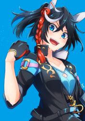 Rule 34 | 1girl, animal ears, ashiroku (miracle hinacle), black hair, black jacket, blue background, blue eyes, blue shirt, button gap, clenched hand, commentary request, ear covers, hair between eyes, hair ornament, highres, horse ears, horse girl, jacket, katsuragi ace (umamusume), long sleeves, looking at viewer, medium hair, multicolored hair, open mouth, partial commentary, ponytail, shirt, signature, simple background, smile, solo, streaked hair, sweatdrop, umamusume, upper body, white hair