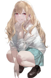 Rule 34 | blazpu, blonde hair, bracelet, breasts, brown footwear, collared shirt, ear piercing, earrings, fake nails, green skirt, hand on own face, highres, jewelry, kitagawa marin, large breasts, loafers, long hair, piercing, plaid, plaid skirt, red eyes, school uniform, shirt, shoes, skirt, socks, solo, sono bisque doll wa koi wo suru, squatting, white shirt