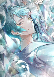 Rule 34 | 1boy, blue hair, blue shirt, blush, closed mouth, dutch angle, earrings, from side, grey eyes, hair between eyes, hand up, heterochromia, highres, holding wind chime, jade leech, jewelry, light particles, looking at viewer, male focus, mitsunari miyako, shirt, short hair, sidelocks, single earring, smile, solo, striped clothes, striped shirt, twisted wonderland, upper body, vertical-striped clothes, vertical-striped shirt, watermark, wind chime, yellow eyes