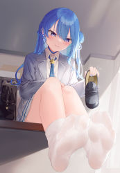 Rule 34 | 1girl, alternate costume, bag, black footwear, blue choker, blue eyes, blue hair, blue necktie, blush, cardigan, chinese commentary, choker, collared shirt, commentary request, feet, foot focus, foreshortening, grey skirt, highres, holding, holding clothes, holding footwear, hololive, hoshimachi suisei, hoshimachi suisei (school uniform), indoors, kou futoshi, leaning forward, legs, loafers, long hair, long sleeves, looking at viewer, mixed-language commentary, necktie, no shoes, one side up, parted lips, pleated skirt, school bag, school uniform, shadow, shirt, shoes, unworn shoes, shoulder bag, side ponytail, sidelocks, sitting, skirt, socks, soles, solo, spread toes, star (symbol), star in eye, sweatdrop, symbol in eye, toes, virtual youtuber, white shirt