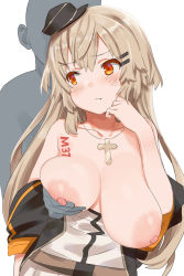 Rule 34 | 1boy, 1girl, aumann, bad id, bad pixiv id, bare shoulders, blush, grabbing another&#039;s breast, breasts, brown hair, cross, cross necklace, girls&#039; frontline, grabbing, grabbing from behind, hair ornament, hairclip, hat, jacket, jewelry, large areolae, large breasts, long hair, m37 (girls&#039; frontline), mini hat, necklace, nipples, orange eyes, simple background, solo focus, tattoo, very long hair, white background