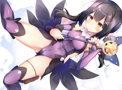 Rule 34 | 1girl, bare shoulders, black hair, blush, breasts, cape, closed mouth, covered navel, detached sleeves, fate/kaleid liner prisma illya, fate (series), feather hair ornament, feathers, hair ornament, hairclip, highleg, highleg leotard, highres, kaleidostick, leotard, long hair, lying, magical girl, magical sapphire, miyu edelfelt, on back, pouch, purple legwear, purple leotard, sakurayume kome, small breasts, solo, thigh strap, thighs, twintails, yellow eyes