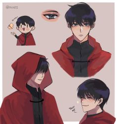 Rule 34 | 1boy, artist name, black hair, black shirt, blush, border, bug, butterfly, chibi, cloak, closed eyes, closed mouth, commentary, english commentary, english text, frown, grey eyes, hair between eyes, hair over eyes, highres, hood, hood down, hood up, hooded cloak, insect, is this a pigeon (meme), kim dokja, long sleeves, looking at viewer, male focus, meme, mixed-language commentary, multiple views, omniscient reader&#039;s viewpoint, open mouth, pink background, red cloak, shirt, short hair, simple background, smile, upper body, vietnamese commentary, white border, yellow butterfly, yuugji
