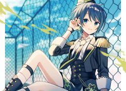 Rule 34 | 1girl, amagi hana, black necktie, blue eyes, blue hair, boots, bracelet, clover, clover earrings, commentary, earrings, epaulettes, highres, if (vocaloid), jewelry, kiritani haruka, long sleeves, looking at viewer, necktie, official alternate costume, official alternate hairstyle, parted lips, project sekai, short hair, smile, solo, tsunagu painful hope (project sekai)