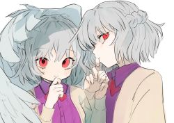 Rule 34 | 2girls, beige jacket, blush, bow, bowtie, braid, commentary request, dress, dual persona, feathered wings, french braid, gotou (nekocat), grey wings, hair between eyes, hand on own chin, hands up, jacket, kishin sagume, long sleeves, looking at viewer, multiple girls, profile, purple dress, red bow, red eyes, red neckwear, short hair, silver hair, simple background, single wing, smile, touhou, upper body, white background, wings