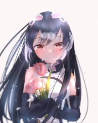 Rule 34 | african penguin (kemono friends), bare shoulders, black hair, blush, brown eyes, closed mouth, crying, crying with eyes open, elbow gloves, flower, gloves, happy, happy tears, headphones, highres, holding, holding flower, jacket, kemono friends, kemono friends v project, long hair, looking at viewer, multicolored hair, parted bangs, sarutori, sleeveless, sleeveless jacket, smile, tears, upper body, very long hair, virtual youtuber, white hair, zipper, zipper pull tab