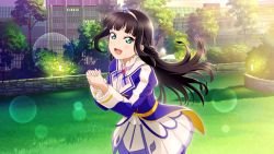 Rule 34 | 1girl, alternate hairstyle, aqua eyes, artist name, artist request, belt, black hair, blue dress, blush, breasts, brightest melody, collared dress, day, dress, female focus, green eyes, highres, kurosawa dia, long hair, long sleeves, looking at viewer, love live!, love live! sunshine!!, mole, mole under mouth, outdoors, own hands together, parted lips, puffy long sleeves, puffy sleeves, skirt, smile, solo, tiara, white detached collar, white skirt, yellow belt
