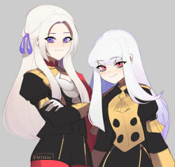 Rule 34 | 2girls, artist name, ascot, buttons, cape, closed mouth, commentary, crossed arms, edelgard von hresvelg, english commentary, epaulettes, fire emblem, fire emblem: three houses, garreg mach monastery uniform, gloves, grey background, hair between eyes, hair ribbon, juliet sleeves, long hair, long sleeves, looking at viewer, lysithea von ordelia, memeh, multiple girls, nintendo, pantyhose, pink eyes, puffy sleeves, purple eyes, purple ribbon, red cape, red legwear, ribbon, sidelocks, signature, simple background, smile, uniform, white ascot, white gloves, white hair