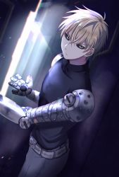 Rule 34 | 1boy, black sclera, black shirt, blonde hair, closed mouth, colored sclera, dutch angle, earrings, genos, grey pants, jewelry, looking at viewer, male focus, nanase (nns 6077), one-punch man, pants, shirt, solo, standing