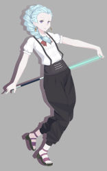 Rule 34 | 10s, 1girl, aqua hair, braid, cue stick, death parade, earrings, grey background, highres, jewelry, light smile, long hair, looking at viewer, nail polish, nona (death parade), sandals, simple background, solo, toenail polish, toenails, toes