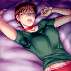 Rule 34 | 1girl, breasts, brown hair, capcom, choker, drooling, green shirt, highres, lying, medium breasts, on back, rebecca chambers, resident evil, saliva, sawao, shirt, short hair, sleeping, solo, sweat, nervous sweating, wet, wet clothes