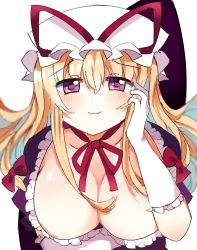 Rule 34 | 1girl, blonde hair, blush, breasts, cleavage, closed mouth, commentary request, hat, highres, long hair, looking at viewer, mob cap, purple eyes, shiny skin, smile, solo, touhou, yakumo yukari, zerokosan