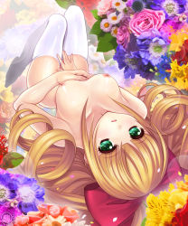 Rule 34 | 10s, 1girl, aiba ruri, blonde hair, boots, bow, breasts, curly hair, flower, green eyes, high heels, long hair, nipples, nude, pink rose, ribbon, rose, sacred seven, saeki takashi, shoes, solo, source request, thighhighs