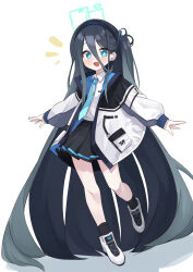 Rule 34 | 1girl, absurdly long hair, absurdres, aqua halo, aris (blue archive), black hair, black hairband, black skirt, black socks, blue archive, blue eyes, blue necktie, blush, collared shirt, full body, hair between eyes, hairband, halo, highres, jacket, long hair, long hair between eyes, long sleeves, multicolored clothes, multicolored jacket, necktie, notice lines, one side up, open mouth, outstretched arms, pepsi2330, pleated skirt, rectangular halo, ringed eyes, shirt, shoes, skirt, smile, sneakers, socks, solo, tie clip, very long hair, white background, white footwear, white shirt