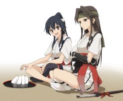 Rule 34 | 10s, 2girls, alternate costume, bad id, bad pixiv id, black hair, brown hair, crossed arms, food, gradient background, japanese clothes, jintsuu (kancolle), kantai collection, kisetsu, long hair, multiple girls, onigiri, open mouth, ponytail, remodel (kantai collection), sitting, smile, sword, thighs, tongue, weapon, yahagi (kancolle)