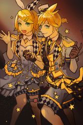 Rule 34 | 1boy, 1girl, bare arms, black background, black gloves, blonde hair, bow, bow hairband, checkered clothes, checkered shorts, closed mouth, commentary, dress, epaulettes, eyebrows hidden by hair, gloves, gradient background, green eyes, hair bow, hairband, hat, highres, idol, idol clothes, kagamine len, kagamine rin, knee up, looking at viewer, looking to the side, mini hat, more more jump! (project sekai), more more jump! len, more more jump! rin, nunosei, open mouth, parted bangs, project sekai, round teeth, short ponytail, short sleeves, shorts, simple background, smile, standing, standing on one leg, star (symbol), strapless, strapless dress, teeth, thigh strap, upper teeth only, vocaloid, white dress, white headwear, white shorts, yellow theme