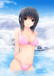 Rule 34 | 1girl, aoyama sumika, arms behind back, bare arms, bare shoulders, bikini, black hair, blush, breasts, brown eyes, cleavage, coffee-kizoku, collarbone, groin, halterneck, highres, large breasts, light smile, looking at viewer, navel, original, outdoors, parted lips, partially submerged, pink bikini, shiny skin, short hair, solo, string bikini, swimsuit, wading, water