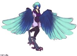 Rule 34 | 1girl, absurdres, apron, artist name, bird legs, black pants, blue flower, blue hair, blue wings, breasts, commentary, dress, english commentary, flower, full body, gradient hair, gradient wings, hair flower, hair ornament, hair over one eye, harpy, highres, long hair, looking at viewer, low ponytail, medium breasts, monster girl, multicolored hair, multicolored wings, myrneko, original, pants, purple apron, purple dress, purple eyes, simple background, smile, solo, talons, white background, wings