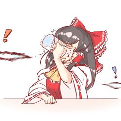 Rule 34 | 1girl, ascot, black hair, bow, commentary, cup, detached sleeves, english commentary, frilled bow, frilled hair tubes, frills, hair bow, hair tubes, hakurei reimu, holding, holding cup, ice, korean commentary, long hair, mirae somang, red bow, ribbon-trimmed sleeves, ribbon trim, solo, touhou, yellow ascot