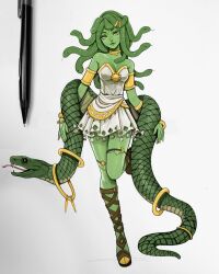 Rule 34 | 1girl, absurdres, armlet, art tools in frame, bracelet, breasts, cleavage, colored skin, crescent, cross-laced footwear, dress, full body, greek mythology, green skin, highres, jewelry, leg up, lord griselda, medusa (mythology), neck ring, snake, snake hair, sun symbol, traditional media, tunic, white dress, yellow eyes