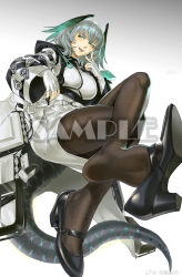 Rule 34 | 1girl, :d, absurdres, arknights, black footwear, black pantyhose, black tail, blush, breasts, coat, crossed legs, dress, extreme dangling, feet, finger to face, fingerless gloves, foot focus, from below, full body, gloves, gradient background, green eyes, green nails, grey background, grey hair, head wings, high heels, highres, ho&#039;olheyak (arknights), invisible chair, inward v, large breasts, long coat, long sleeves, looking to the side, medium hair, open clothes, open coat, open mouth, pantyhose, pencil dress, ruukii drift, sample watermark, shoe dangle, short dress, sitting, smile, snake tail, solo, tail, teeth, upper teeth only, watermark, white background, white coat, white dress, white gloves, wings